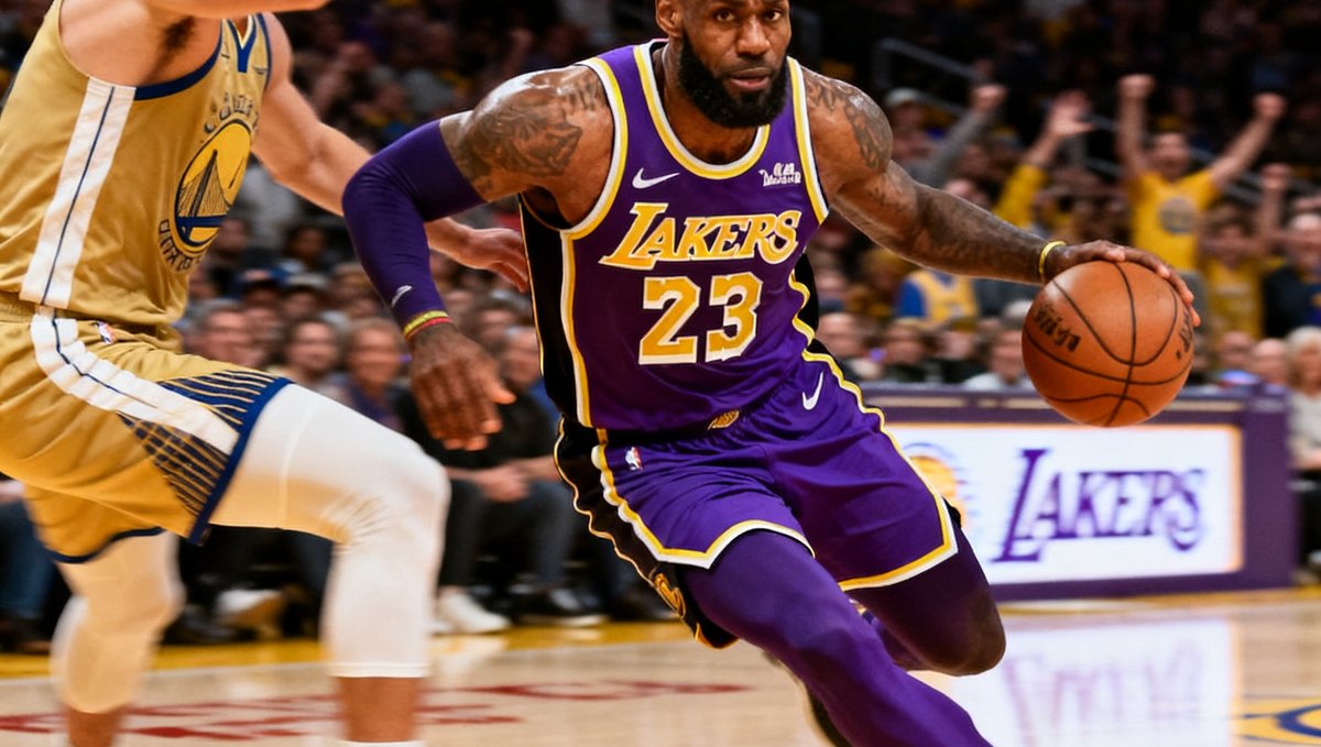 NBA常规赛湖人主场对阵勇士，勒布朗詹姆斯突破上篮的精彩瞬间